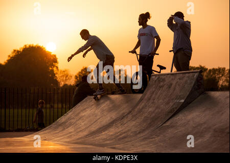 Skateboarder, BMX und Roller Fahrer bei einem städtischen Skatepark in London, da die Sonne untergeht Stockfoto