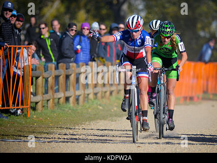 Oktober 14, 2017 - Französische nationale Meister, Caroline Manni, erkennt der Gast nach einem zweiten Platz bei den US Open von Cyclocross, Valmont Bike Park, Boulder, Colorado. Stockfoto