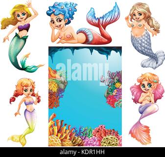 Unterwasser Szene mit vielen Meerjungfrauen Abbildung Stock Vektor