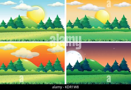 Vier Szenen der grüne Felder zu verschiedenen Tageszeiten Abbildung Stock Vektor