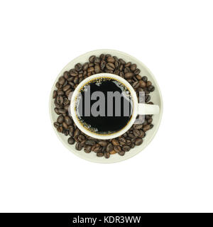 Blick von oben auf eine Tasse Kaffee, isolieren Sie auf Weiß Stockfoto