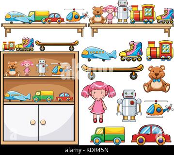 Verschiedene Spielzeuge auf dem hölzernen Regalen Abbildung Stock Vektor