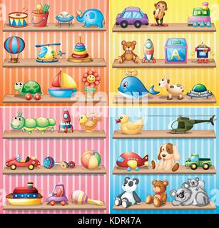 Verschiedene Arten von Spielzeug auf den Regalen Abbildung Stock Vektor