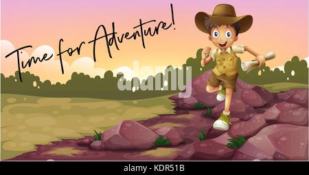 Junge camping und Phrase Zeit für Abenteuer Abbildung Stock Vektor
