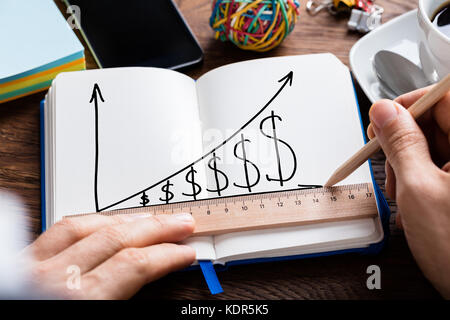 Person hand mit Bleistift und Maßstab für die Zeichnung dollar Wachstum Chart auf Notebook Stockfoto