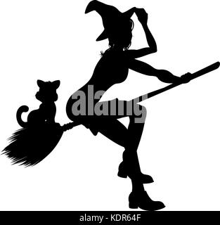 Silhouette Hexe und Katze fliegen auf Broomstick Stock Vektor