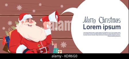 Frohe Weihnachten und guten Rutsch ins neue Jahr Grußkarte mit Santa Claus holding Megafon mit Sprechblase Winterurlaub banner Stock Vektor