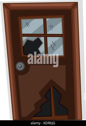 Braune Tür mit gebrochenen Fenster Abbildung Stock Vektor