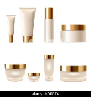 Realistische 3D-kosmetik Paket cremetopf Rohre. Hellgelb beige Gold metallische Behälter Glas Kunststoff isoliert weißer Hintergrund. Werbe-em Stock Vektor
