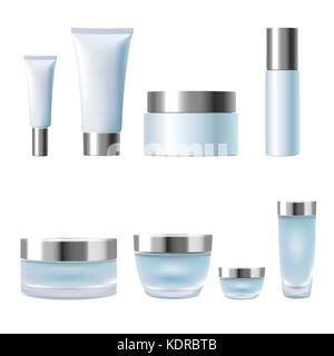 Realistische 3D-kosmetik Paket cremetopf Rohre. hellblau Silber metallische Behälter Glas Kunststoff transparent weißem Hintergrund. Promotio Stock Vektor