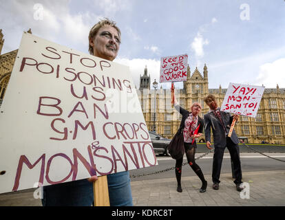 Protest gegen Monsanto Company durch GVO-Umweltaktivisten in London, Großbritannien Stockfoto