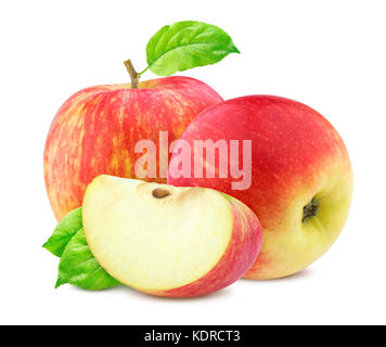 Rote Äpfel mit Blättern auf weißem Hintergrund Stockfoto