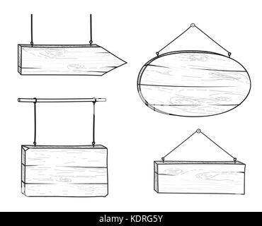 Satz von stilvollen doodle Holz- Schild und Pfeil. retro Gravur von Plank. Hand gezeichnet Zeiger und Hinweistafeln Wegweiser Linie Kunst Sammlung Stock Vektor