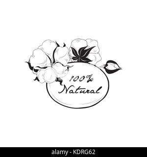 Baumwolle label. natürliches Material mit Baumwolle Blume Boll. Floral frame Stock Vektor