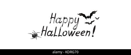 Halloween Grußkarten. Urlaub Hintergrund mit Schriftzug, Fliegende Fledermaus Stock Vektor