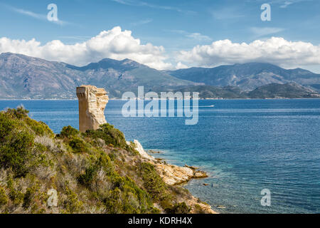 Ruinen der genuesische Turm bei mortella neben dem Mittelmeer an der felsigen Küste der Wüste des in der Nähe von St Florent in Korsika agriates Stockfoto