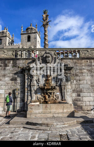 Pelikan Brunnen (Chafariz Do Pelicano) vor Se Kathedrale in Porto Stadt auf der iberischen Halbinsel, zweite größte Stadt in Portugal Stockfoto