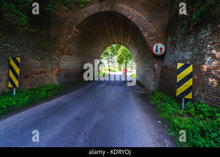 Straße unter der Eisenbahnbrücke in der Grafschaft Gryfino, Woiwodschaft Westpommern in Polen Stockfoto