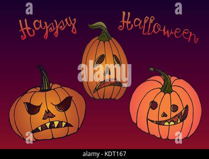 Halloween Kürbisse Karte mit Gruß, Hand gezeichnet doodle Skizze im Pop Art Stil, Farbe Vector Card Design und Illustration Stock Vektor