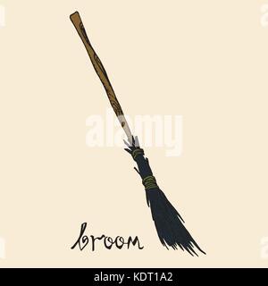 Besen mit Beschriftung, Holzschnitt Stil Design, Hand gezeichnet Doodle, Skizze im Pop Art Stil, isolierte Vector Illustration Stock Vektor