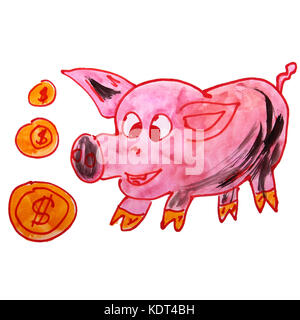 Aquarell Zeichnung ein kinder cartoon Sparschwein auf einem weißen zurück Stockfoto