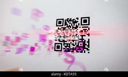 Misty 3D-Illustration einer abstrakten QR-Code-Scanpraxis mit schrägen Symbolen, Zahlen, rosafarbenen Figuren. In der Mitte, das Schwarz und wh Stockfoto