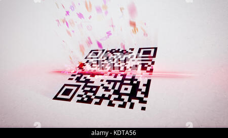 Arty 3D-Rendering einer abstrakten Illustration zum Scannen von QR-Codes führt zu schiefen Symbolen, Zahlen und Figuren in rosa Farbe. Schwarz und W Stockfoto