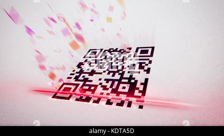 Das ursprüngliche 3D-Rendering einer abstrakten Illustration zum Scannen von QR-Codes zeigt hochfliegende Symbole, Zahlen und Figuren in rosa und roten Farben. Die Stockfoto