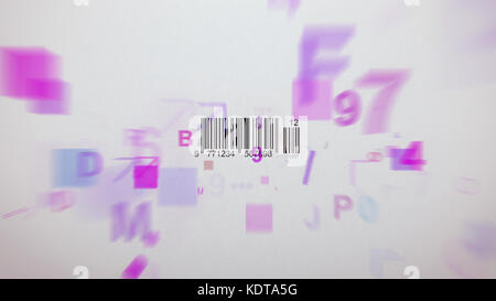 Inspirierendes 3D-Rendering eines abstrakten Barcode-Scanprozesses mit wirbelnden Symbolen, Zahlen, violetten und rosafarbenen Figuren. F,9, 7, fliegen Stockfoto