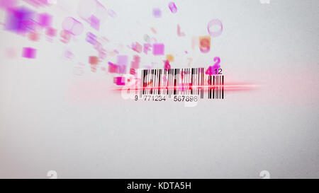 Wunderbares 3D-Rendering eines abstrakten Barcode-Scanprozesses mit drehenden Symbolen, Zahlen, violetten, orangen und rosa Farben. F, S, 2,4, AR Stockfoto