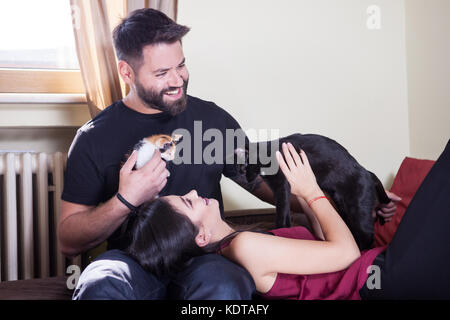 Junge paar hält Katzen in Händen Stockfoto