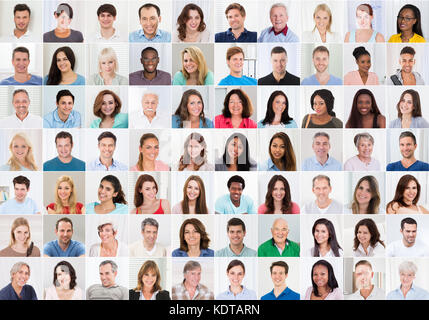 Collage Aus Lächelnden Multiethnischen Menschen Porträts Und Gesichter Stockfoto