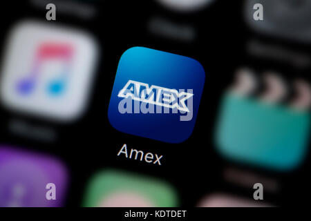 Eine Nahaufnahme der Logo für die Amex Symbol der App, wie auf dem Bildschirm eines Smartphones (nur redaktionelle Nutzung)