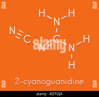 Dicyandiamid (2-cyanoguanidine, DCD) Molekül. als Düngemittel und in der chemischen Synthese verwendet. Skelettmuskulatur Formel. Stockfoto