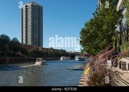 Private und kommerzielle Boote schwimmen auf dem nördlichen Zweig des Chicago River. Stockfoto