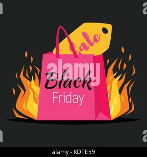 Vektor style Web schwarzer Freitag banner Template Design mit bunten Einkaufstaschen und Verkauf label in Feuer auf schwarzem Hintergrund Stock Vektor