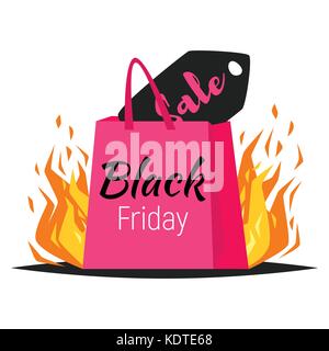 Vektor style Web schwarzer Freitag banner Template Design mit bunten Einkaufstaschen und Verkauf label in Feuer auf weißem Hintergrund Stock Vektor