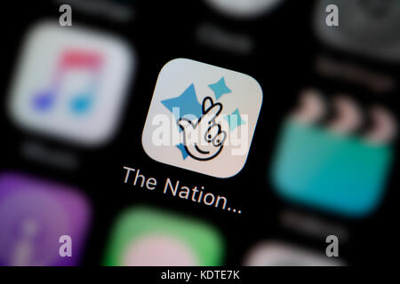 Eine Nahaufnahme der Logo für die Nationale Lotterie app Symbol, wie auf dem Bildschirm eines Smartphones (nur redaktionelle Nutzung) Stockfoto