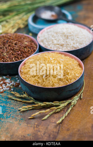 Grüne Ohren Reis aus der Camargue Provence, Frankreich Reisfelder und valiety der getrockneten Reis auf hölzernen Tisch Stockfoto