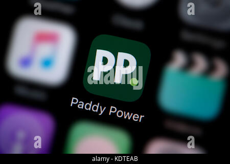 Eine Nahaufnahme der Logo für die Paddy Power app Symbol, wie auf dem Bildschirm eines Smartphones (nur redaktionelle Nutzung) Stockfoto