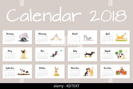 Vektor Cartoon Stil Abbildung: Hund 2018 Kalender. auf weißem Hintergrund. Vorlage für Drucken. Stock Vektor