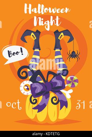 Vektor cartoon Style halloween Poster Design Template mit holiday Symbole Kürbis und Hexe Beine. Stock Vektor