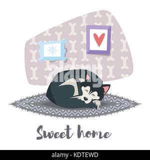 Vektor Cartoon Stil Abbildung: cute Husky Hund schläft auf dem Teppich. "Sweet Home" Titel. Stock Vektor