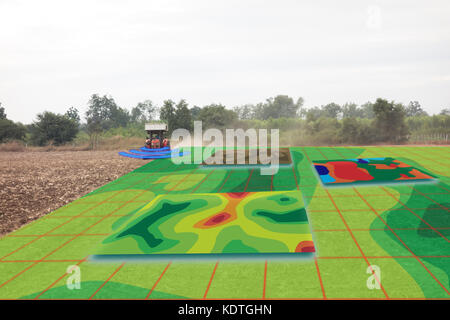 Smart Landwirtschaft Konzept, Landwirt mit Infrarot in Traktor mit High Definition Bodenkartierung während der Aussaat, tiefen Boden während der Bodenbearbeitung pas Scan Stockfoto