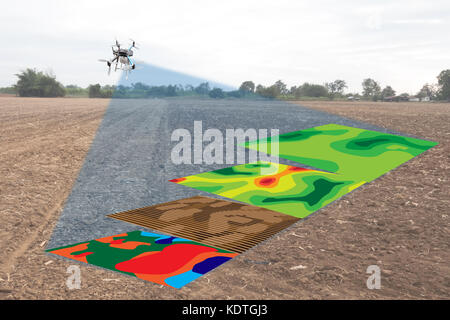 Smart Landwirtschaft Konzept, Landwirt mit Infrarot in Drone mit High Definition Bodenkartierung während der Aussaat, tiefen Boden während der Bodenbearbeitung pass Scan Stockfoto