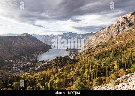 Atemberaubende Aussicht auf die Bucht von Kotor in Montenegro auf dem Balkan, Südosteuropa Stockfoto