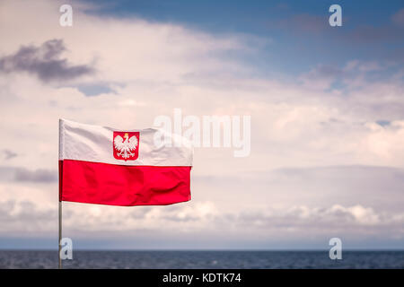 Rote und weiße polnische Flagge mit nationalen Adler Emblem im Wind flattern auf einem Meer Stockfoto