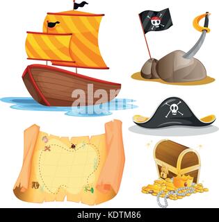 Segelboot und andere Piraten Elemente Abbildung Stock Vektor