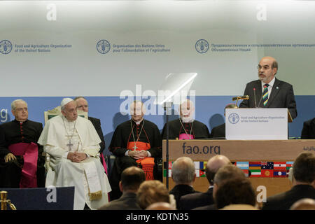 Rom, Italien. 16 Okt, 2017. jose Graziano da Silva, der FAO-Generaldirektor, seine Rede liefert während des Besuches von Papst Franziskus anlässlich des World Food Tag bei der Organisation der Vereinten Nationen für Ernährung und Landwirtschaft (FAO) in Rom, Italien Am 16. Oktober 2017. Credit: Giuseppe ciccia/Pacific Press/alamy leben Nachrichten Stockfoto