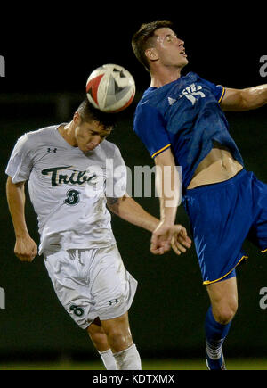 Williamsburg, VA, USA. 14 Okt, 2017. 20171014 - William und Mary Mittelfeldspieler JOHANNES FUQUENE (8) und Hofstra defender SEAN NEALIS (15) Kampf um einen Kopf Kugel in der ersten Hälfte bei Familie Martin Stadion in Williamsburg, Virginia Credit: Chuck Myers/ZUMA Draht/Alamy leben Nachrichten Stockfoto